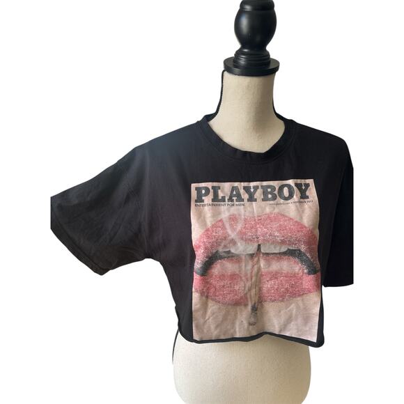 PLAYBOY X Missguided Black Crop Short Sleeve Top Oversized Women's Size 8 M/L - Picture 5 of 6